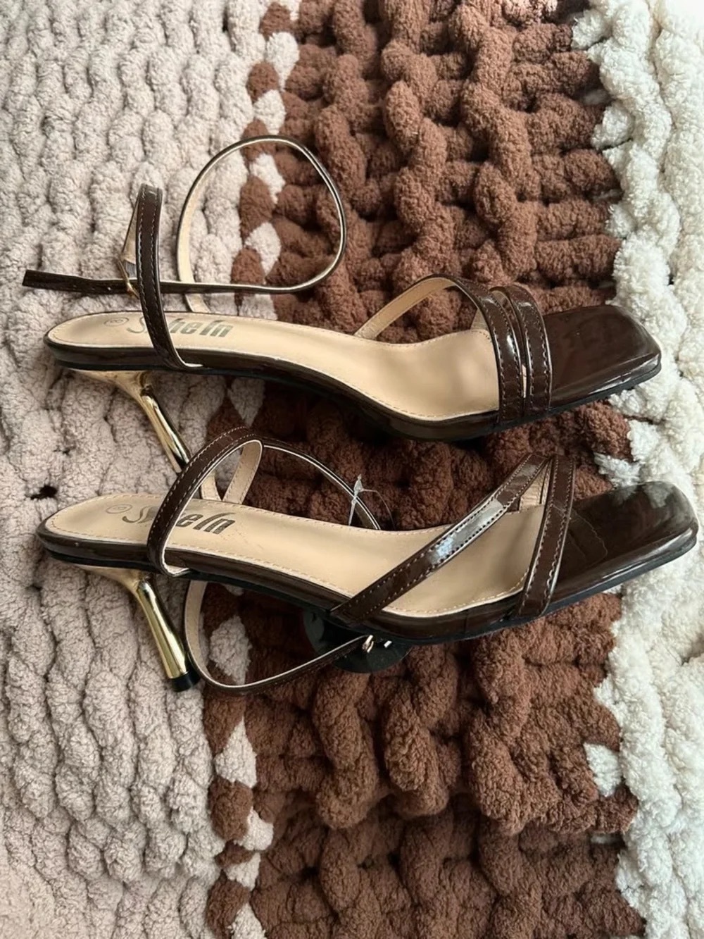 Patent Brown Strappy Slingback Heels with Gold Accent